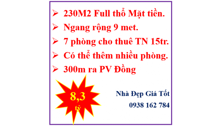 Mặt tiền- 230m2- Ngang 9m-7 phòng cho thuê full- Linh Đông- TĐ- 8.3 tỷ